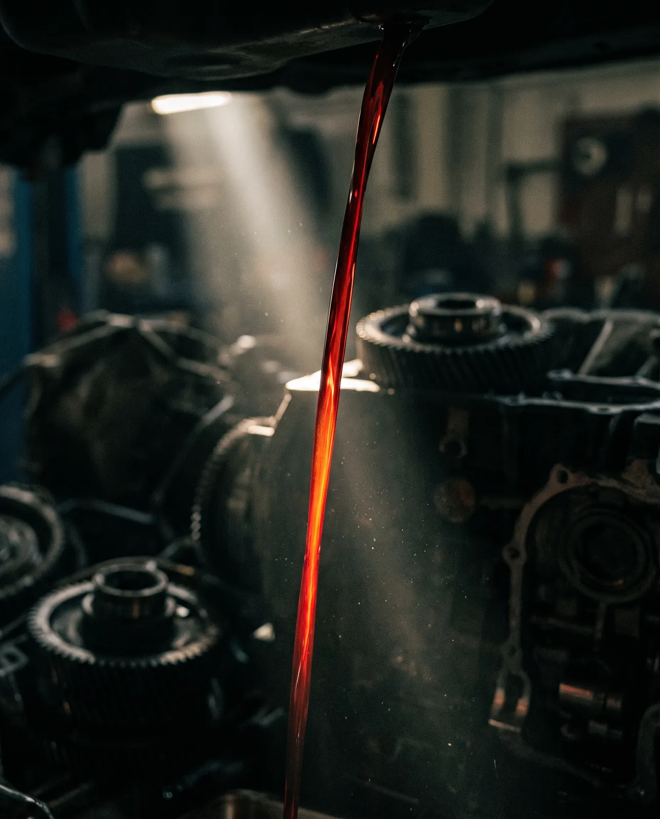 A thin stream of red transmission fluid falling through light.
