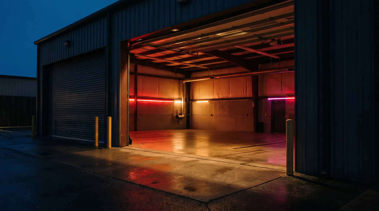 An empty service bay at dusk, lit from inside, with the door open.