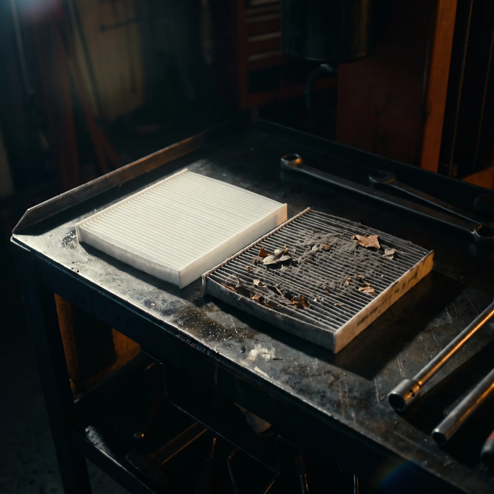 A clean white cabin air filter next to a grey one clogged with dust and leaf debris.