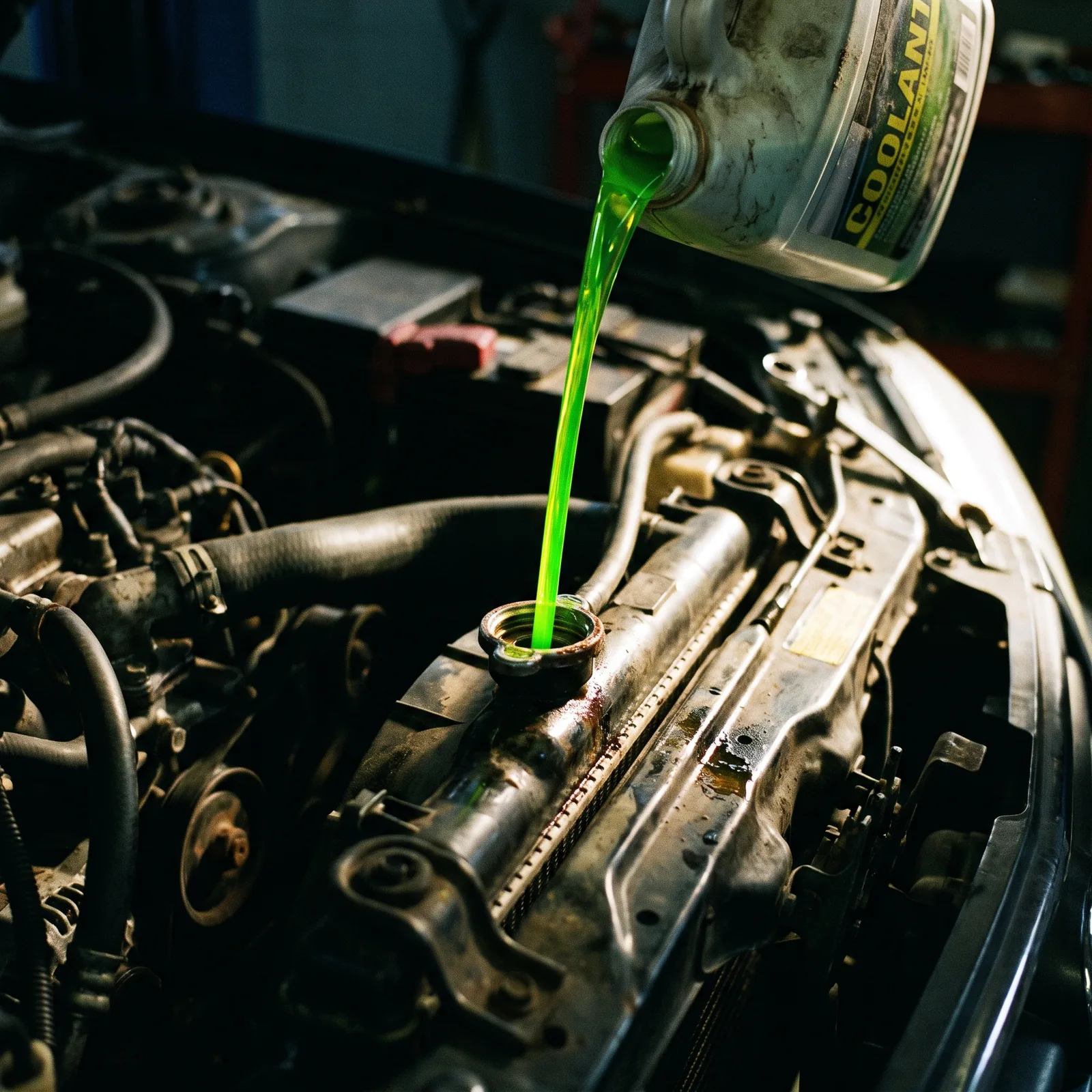 Bright green engine coolant being poured into a radiator filler neck.
