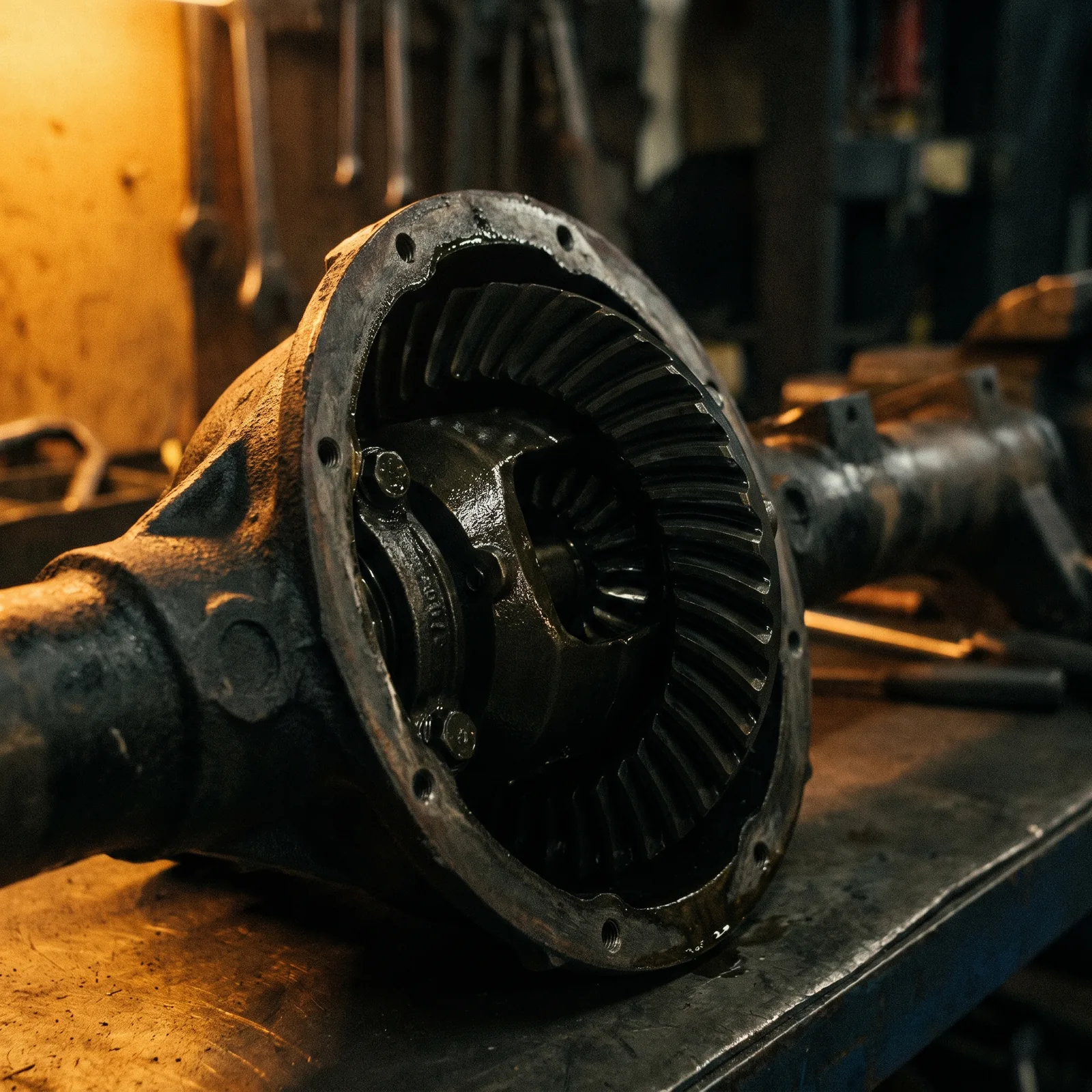 A cast iron differential housing with its crown wheel visible.
