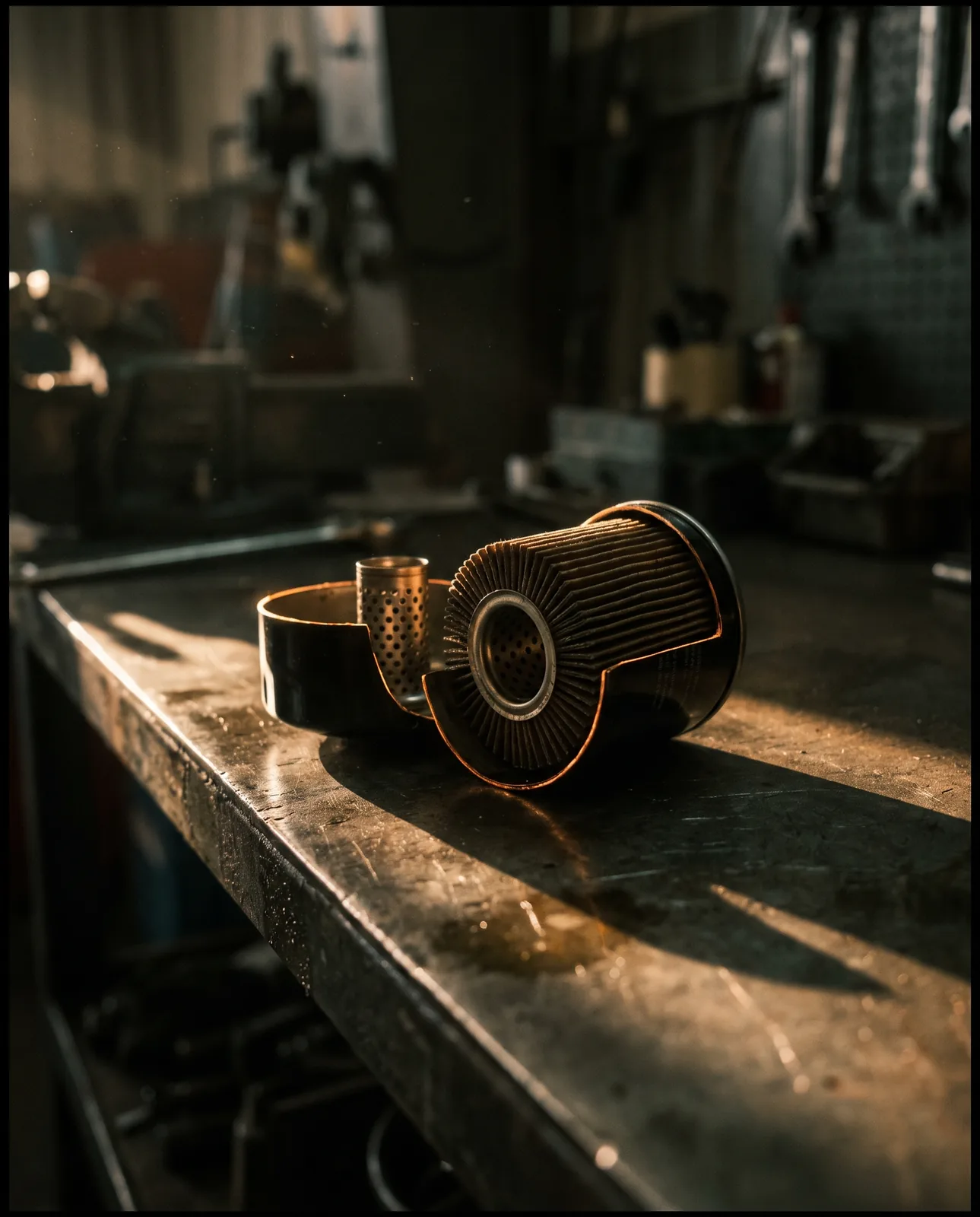 A spin-on oil filter cut open to show the pleated media inside.