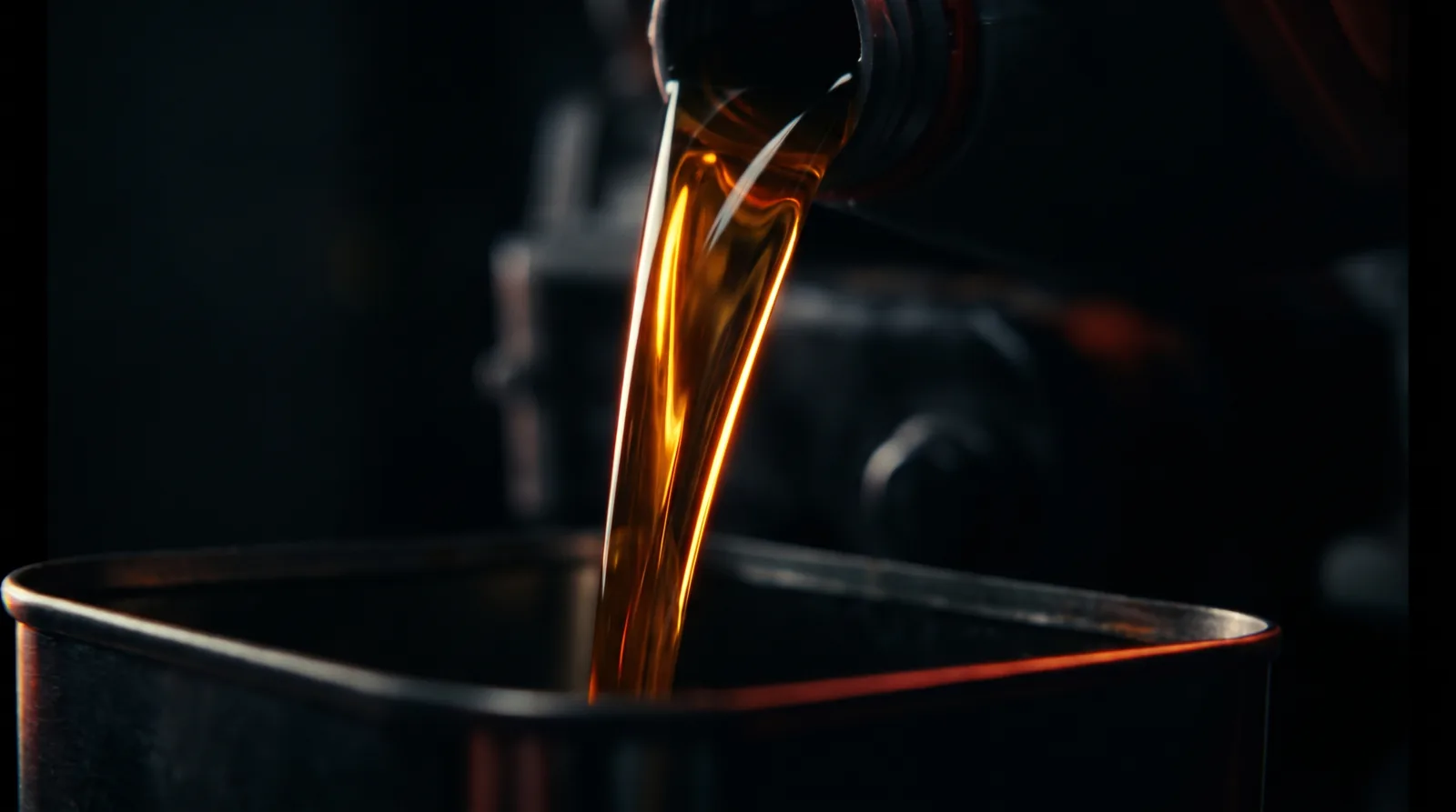 A stream of clean amber motor oil pouring and catching the light against a dark background.