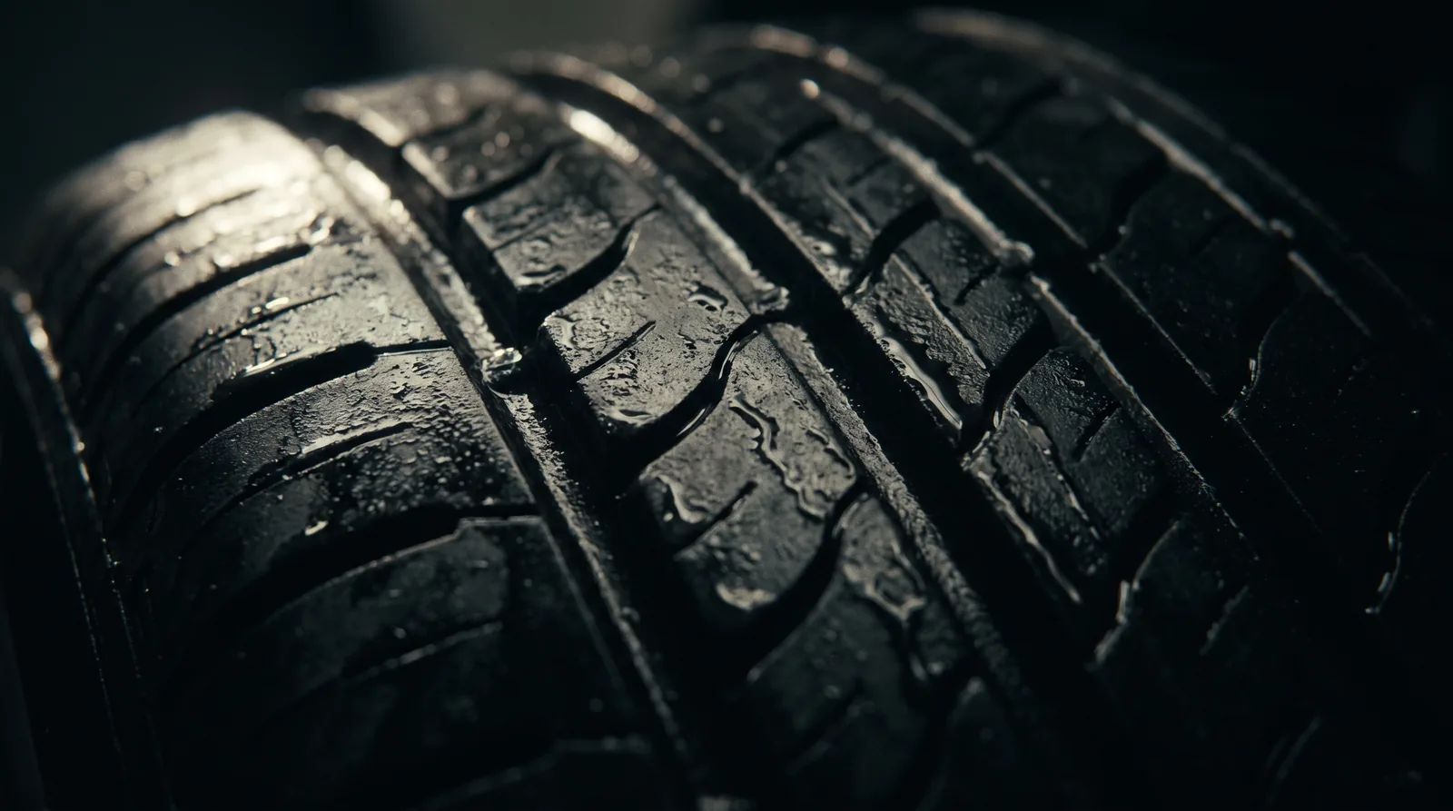 Tyre tread blocks with water beaded in the grooves.